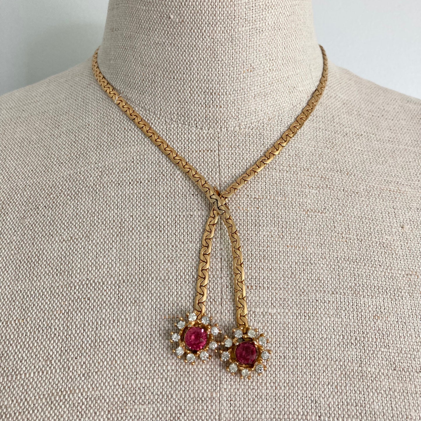 1970s Pink Rhinestone Flower Necklace, Adjustable Vintage Choker