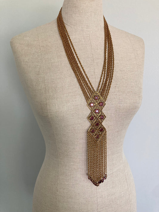 1970s Goldette Goddess Style Antiqued Gold Tone and Amethyst Necklace