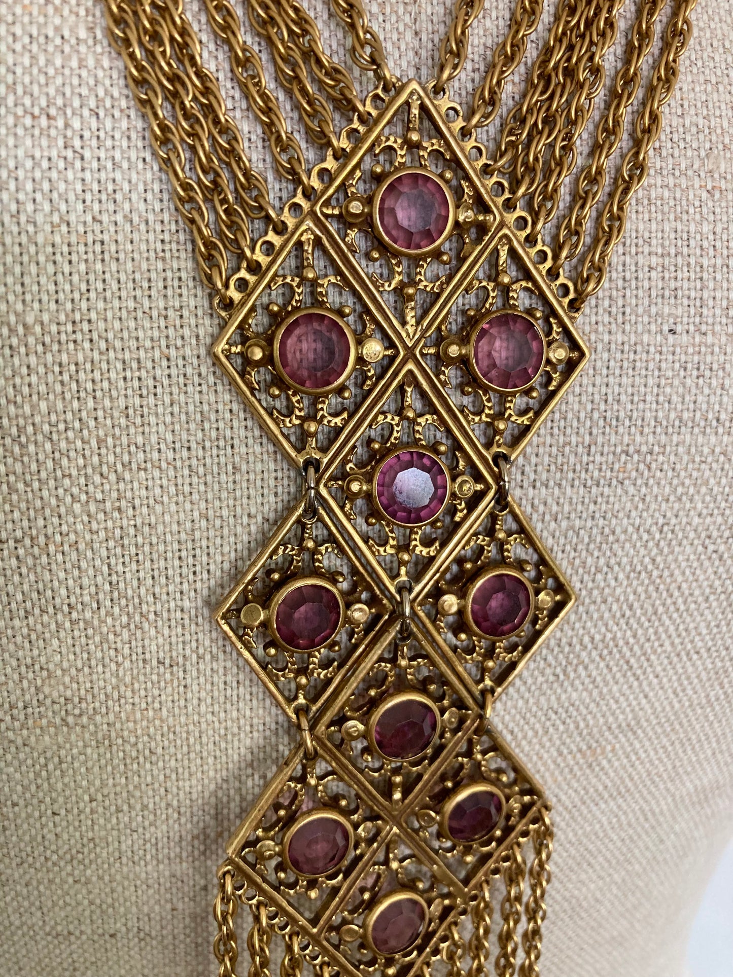 1970s Goldette Goddess Style Antiqued Gold Tone and Amethyst Necklace