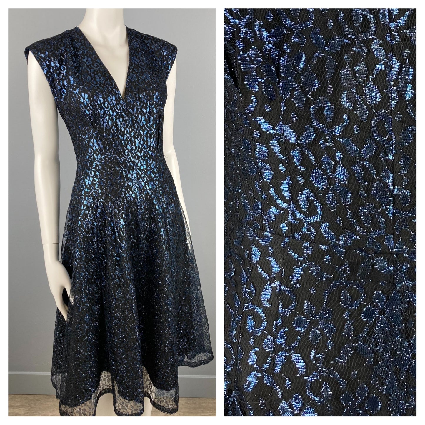 1950s Metallic Blue Lace Party Dress, Waist 28/29", Vintage Party Dress