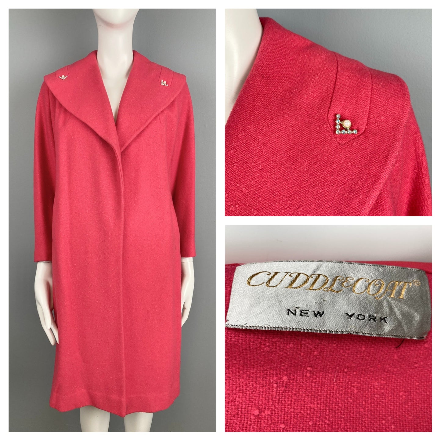 1950s Coral Cuddle Coat with Rhinestone Studs, Size M