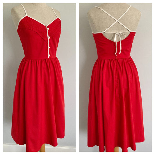 70s Red Cotton Sundress with Lace Up Back, Vintage Cotton Sundress, Size XS