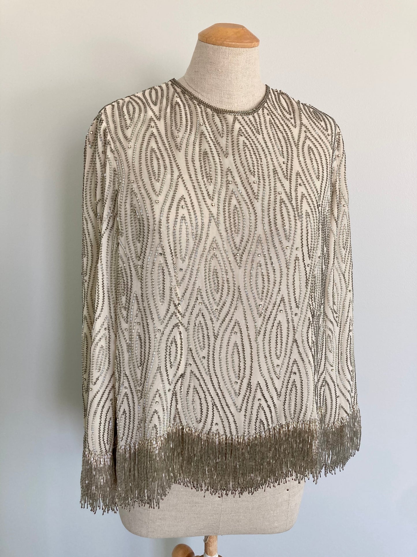 Incredible 1960s Hand Beaded Top with Fringe, Size L