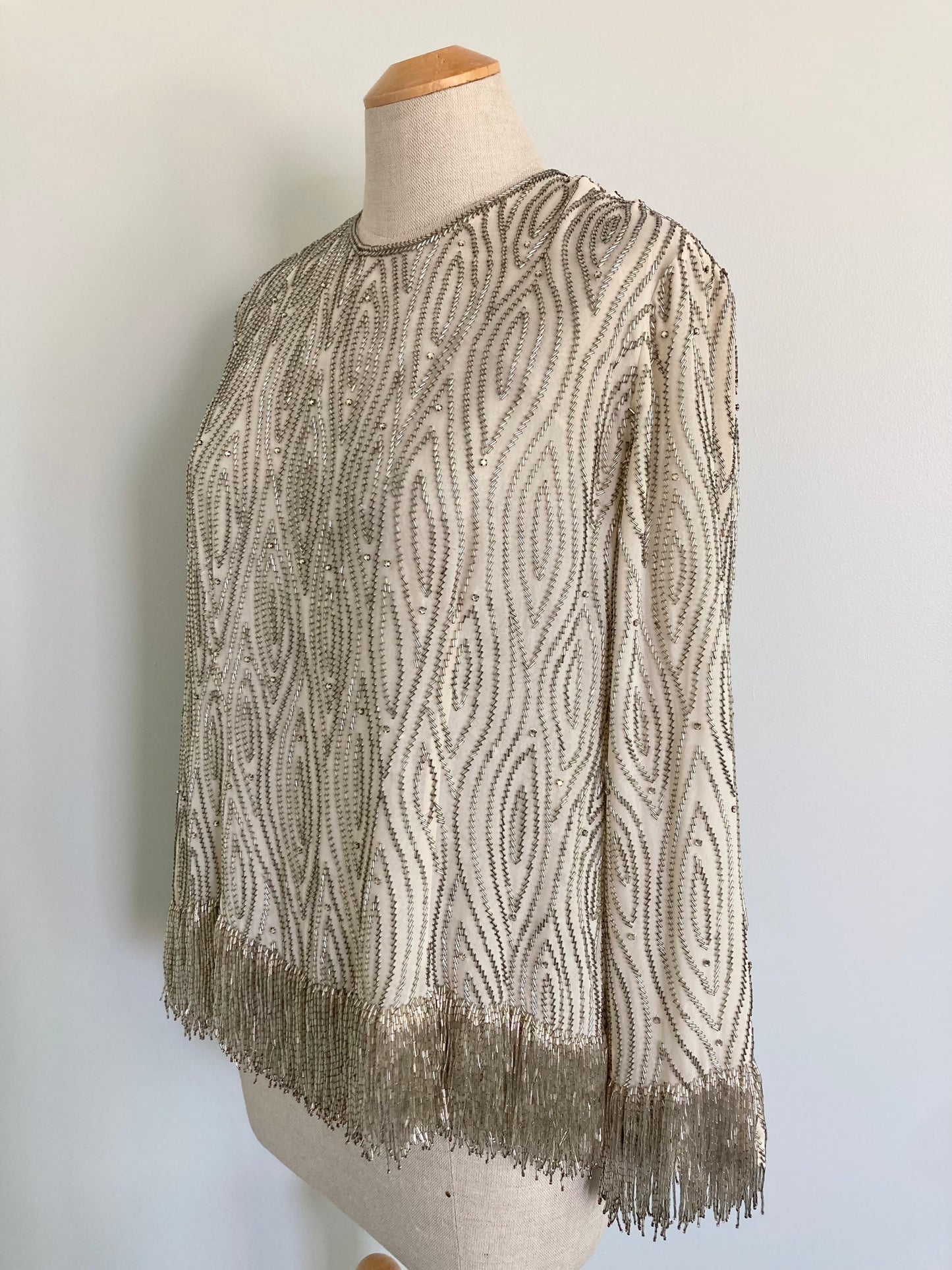 Incredible 1960s Hand Beaded Top with Fringe, Size L