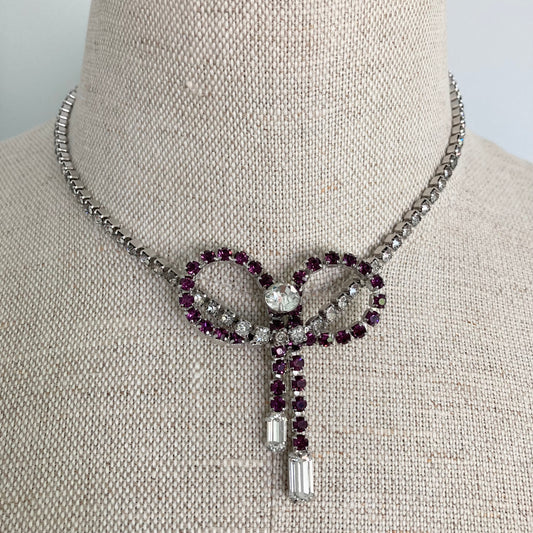 1950s Purple and Clear Crystal Bow Necklace, Vintage Costume Jewellery