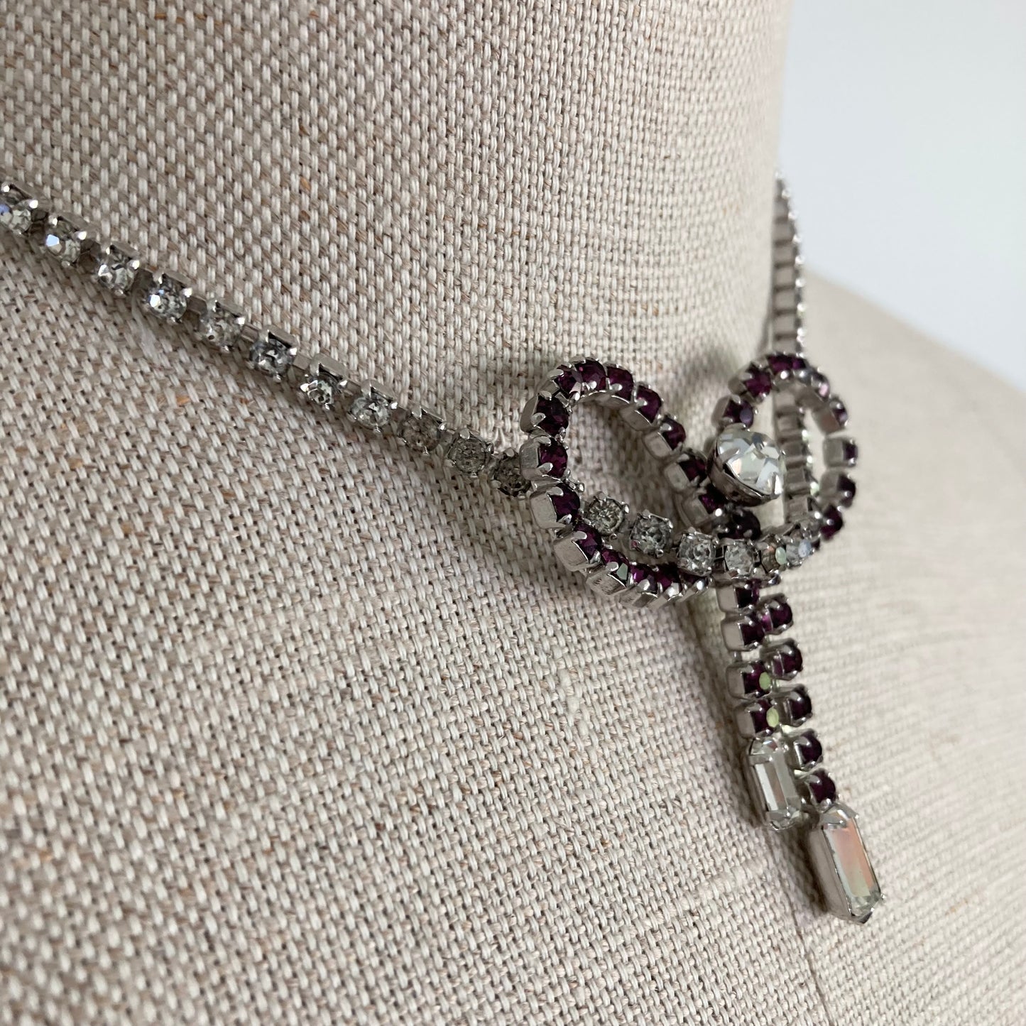 1950s Purple and Clear Crystal Bow Necklace, Vintage Costume Jewellery