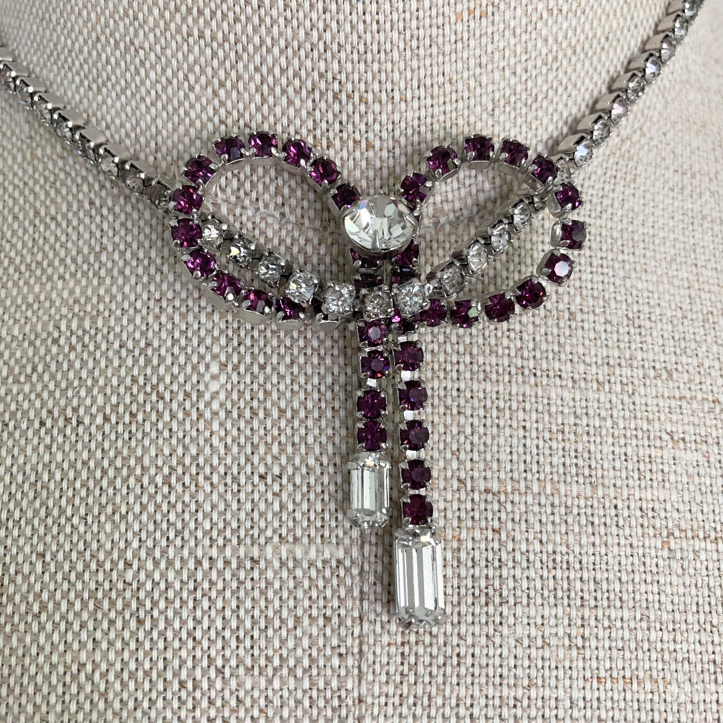 1950s Purple and Clear Crystal Bow Necklace, Vintage Costume Jewellery