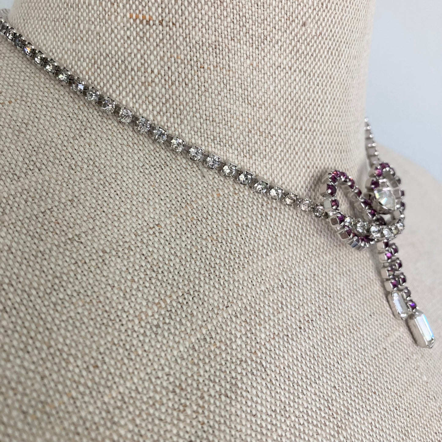 1950s Purple and Clear Crystal Bow Necklace, Vintage Costume Jewellery