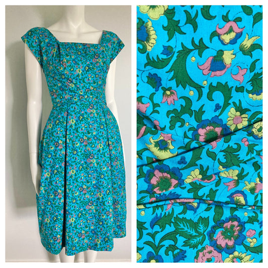 1950s Turquoise Floral Fit & Flare Dress, Size XS