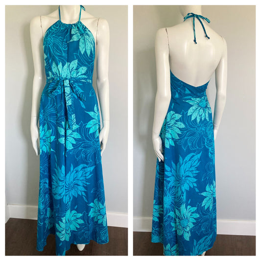 70s Hawaiian Batik Halter Wrap Dress, Blue Hawaiian Halter Maxi Dress by Pomare, Size S