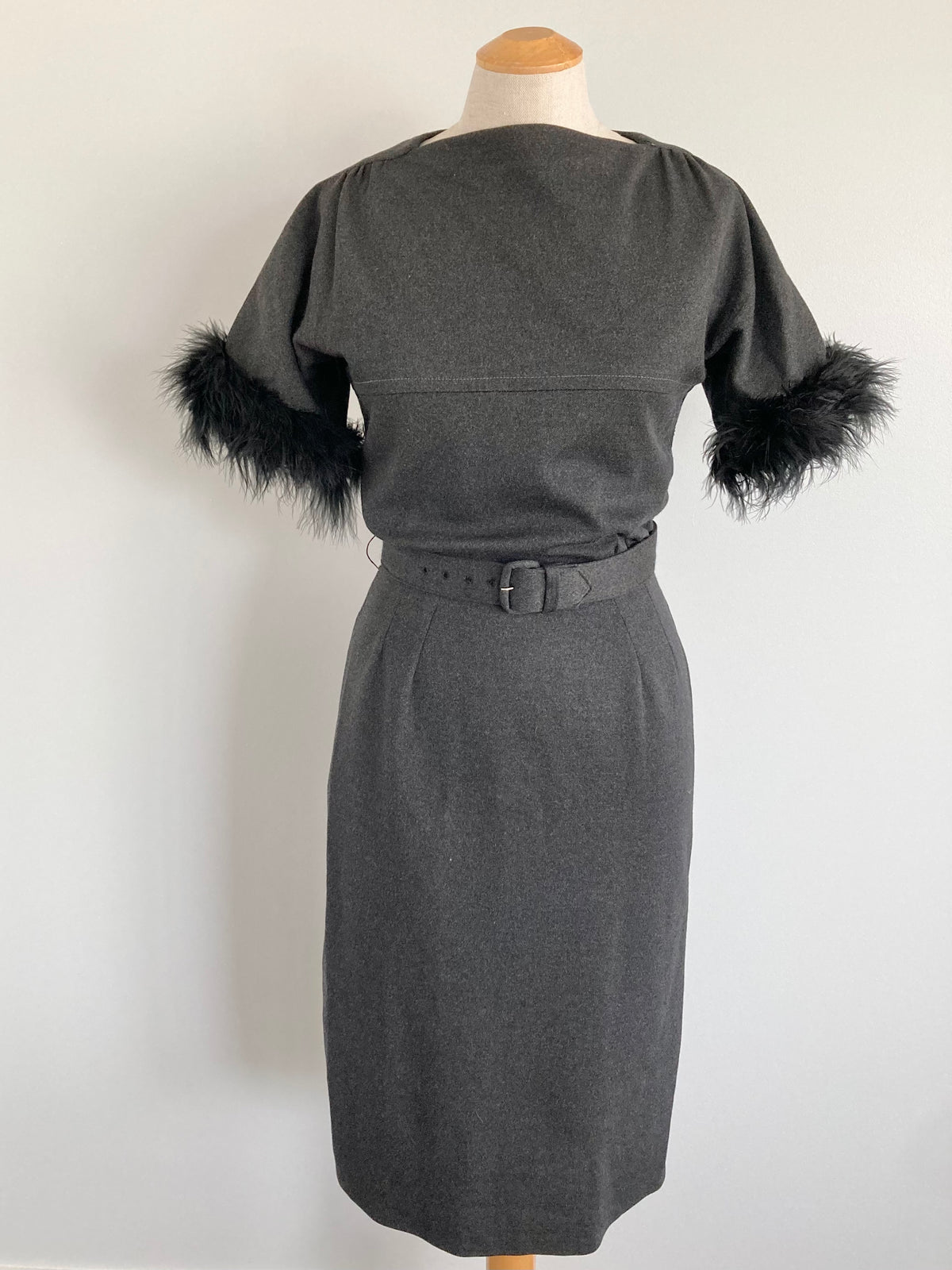 VTG 1950s Henry Allen Montreal Wool Dress Marabou Feather Trim Grey, XS