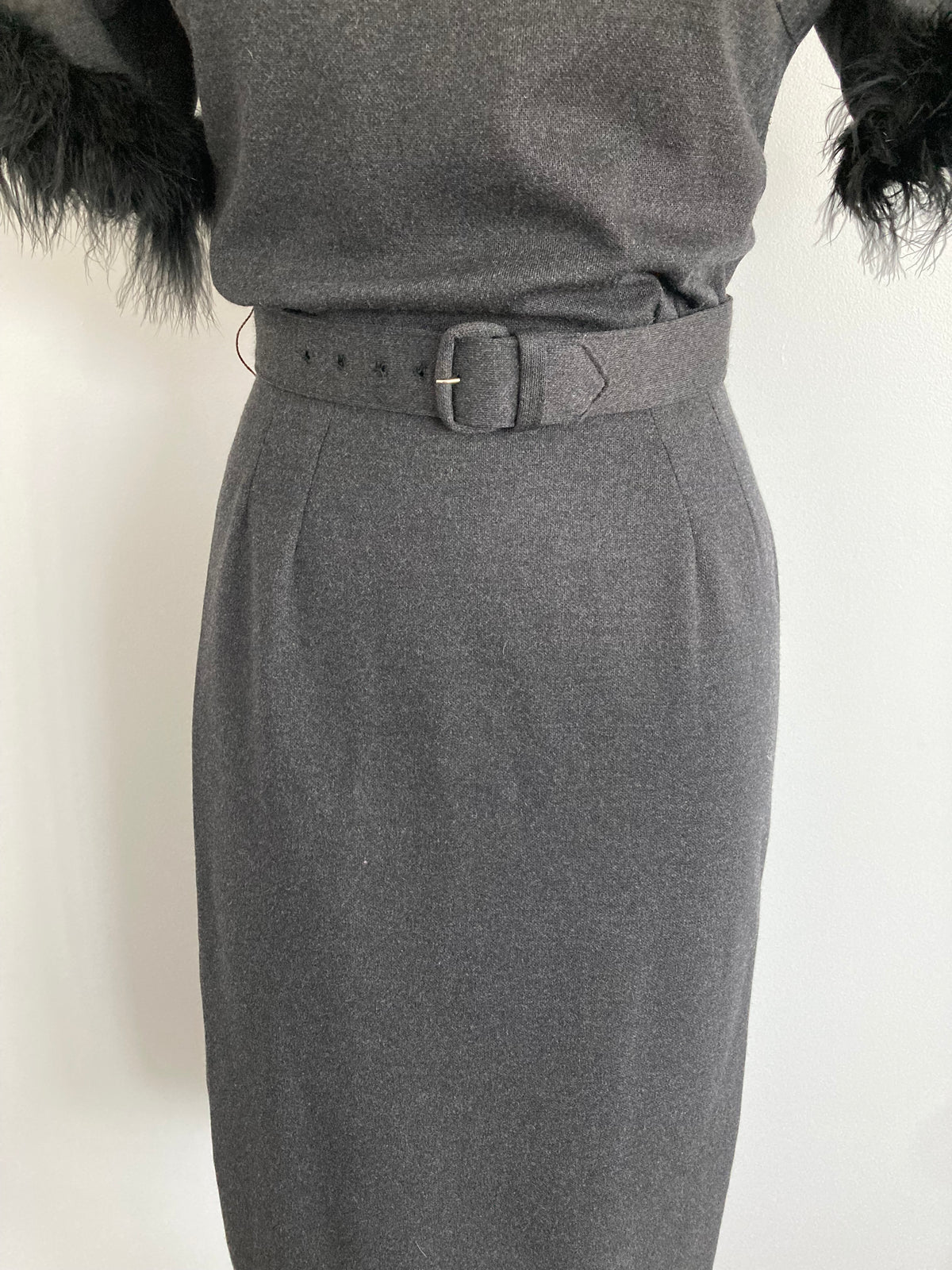 VTG 1950s Henry Allen Montreal Wool Dress Marabou Feather Trim Grey, XS