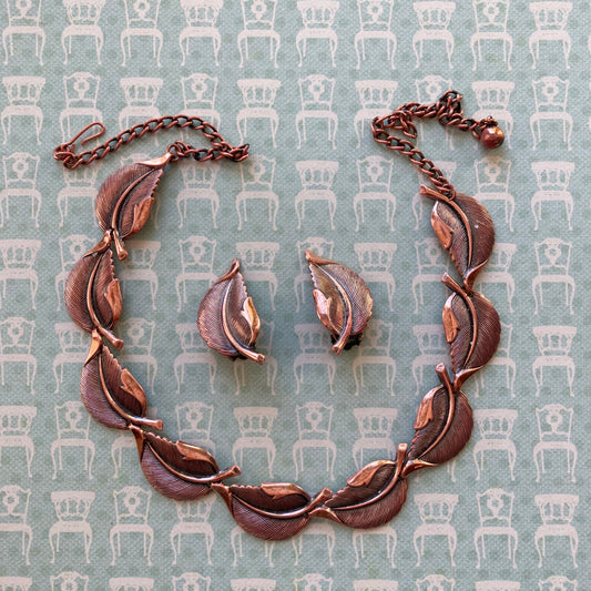 1950s/60s Copper Choker & Earrings Set, Copper Leaf Garland Choker Set