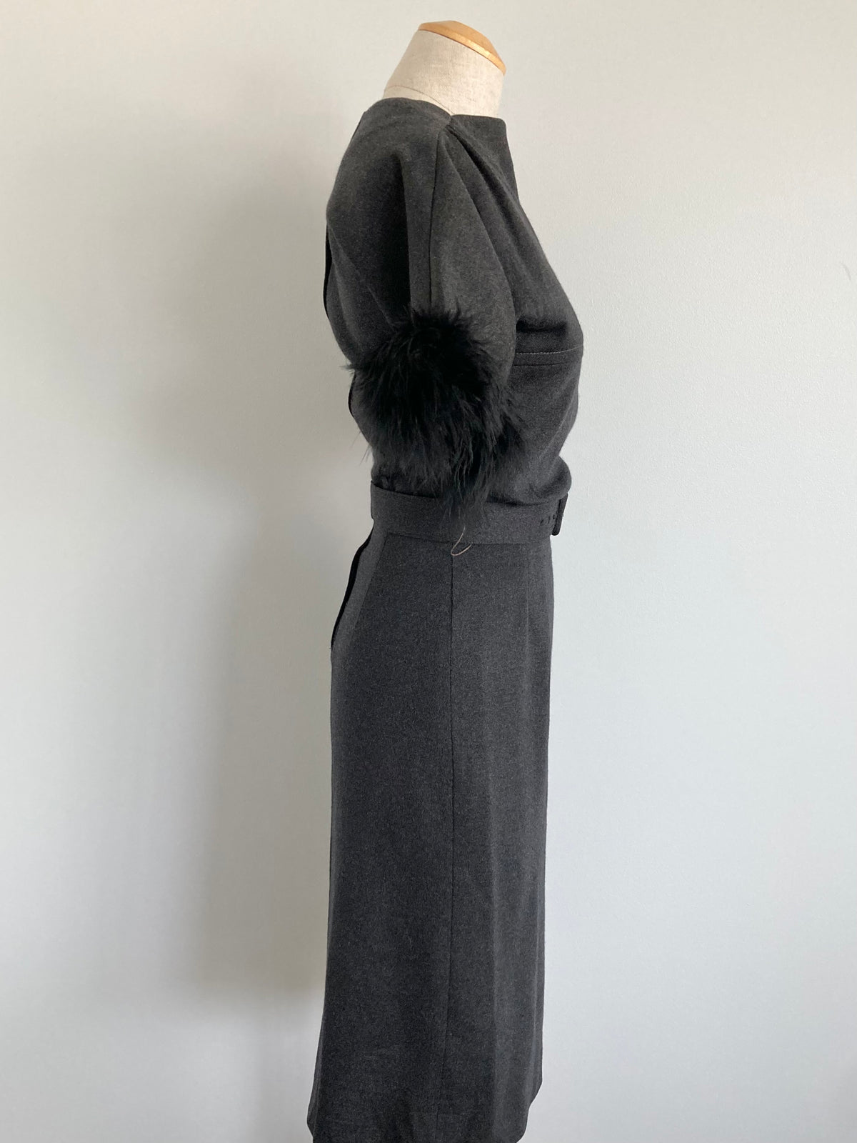 VTG 1950s Henry Allen Montreal Wool Dress Marabou Feather Trim Grey, XS