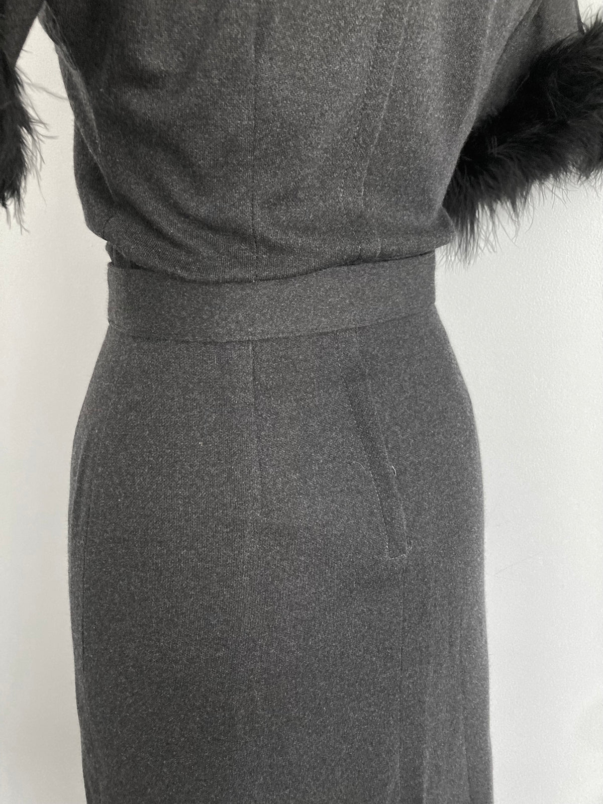 VTG 1950s Henry Allen Montreal Wool Dress Marabou Feather Trim Grey, XS