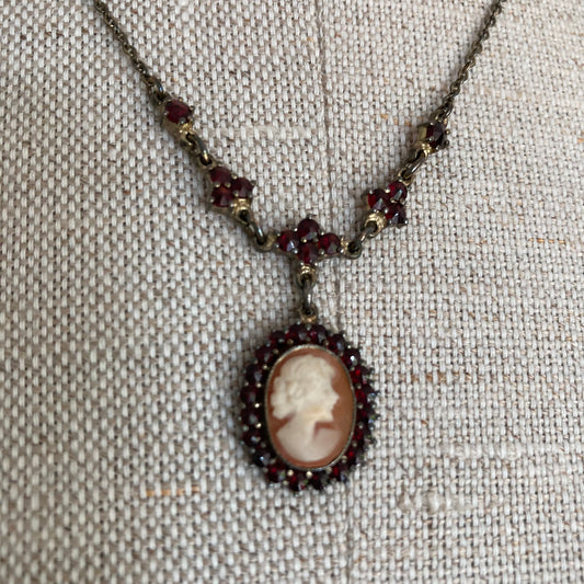 Antique Garnet and Cameo Necklace, Delicate Cameo Edwardian Necklace