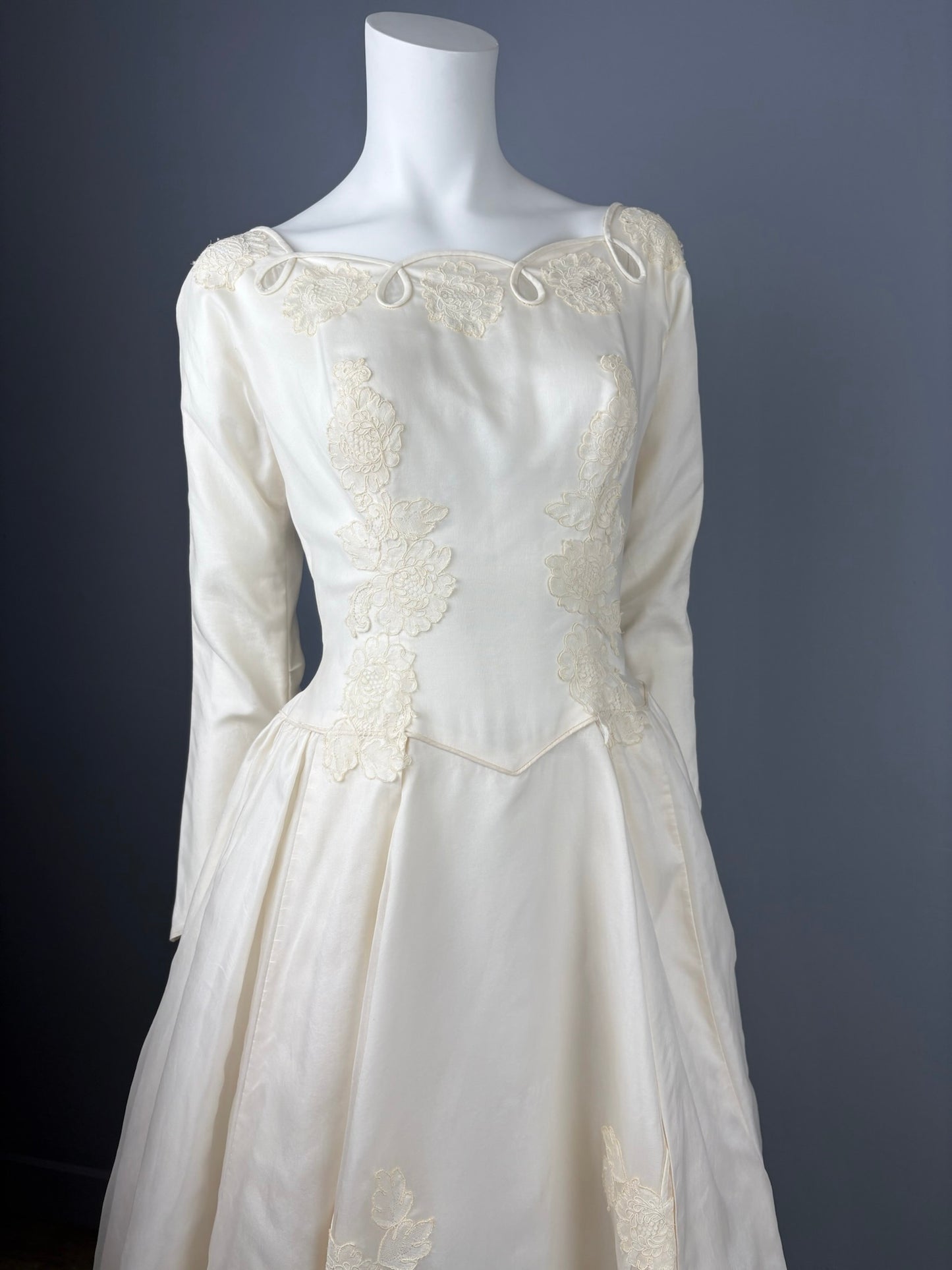 1950s "Lorraine" Scalloped Boatneck Wedding Dress, Size XS