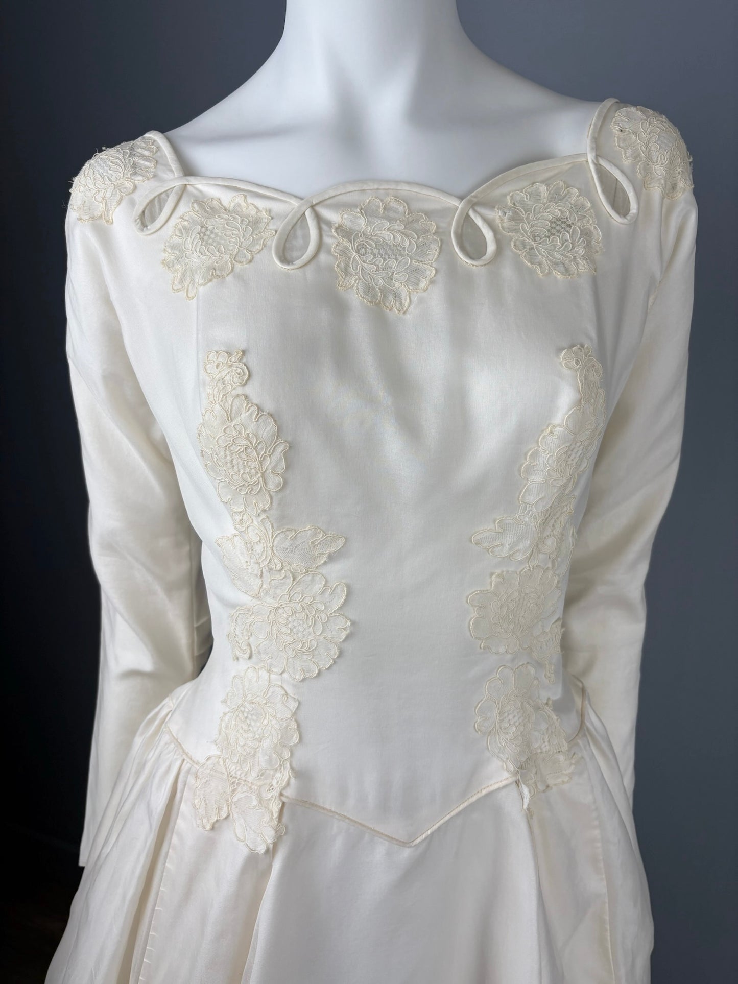 1950s "Lorraine" Scalloped Boatneck Wedding Dress, Size XS