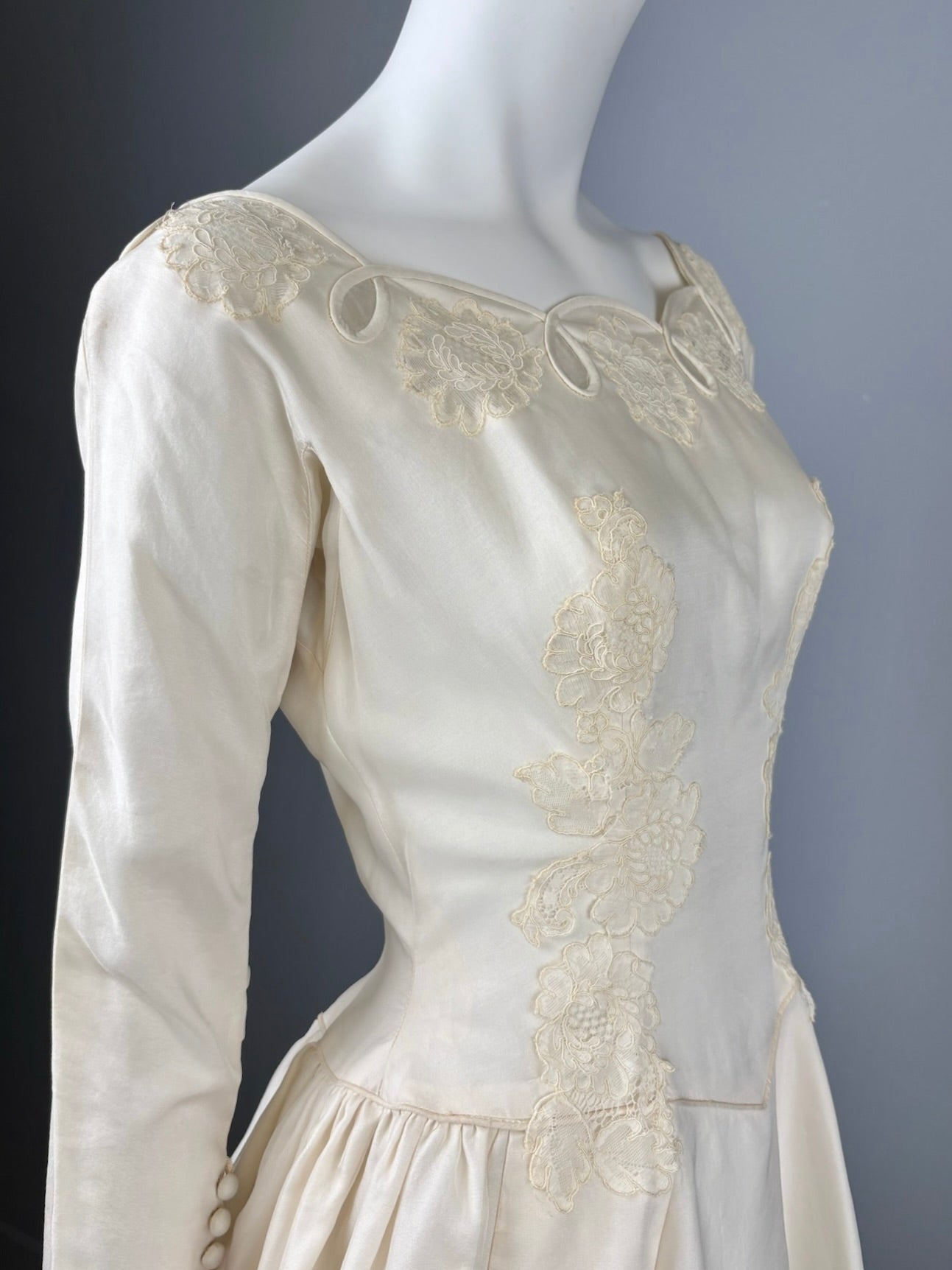 1950s "Lorraine" Scalloped Boatneck Wedding Dress, Size XS