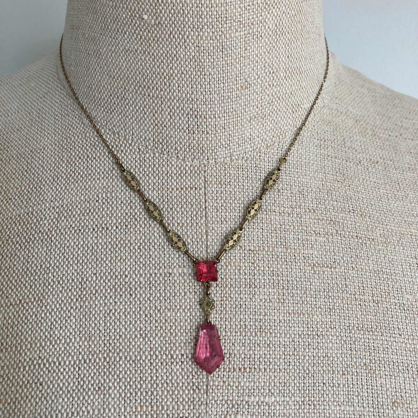 1920s Delicate Pink Pendant Necklace, Antique Pink Glass Y Necklace