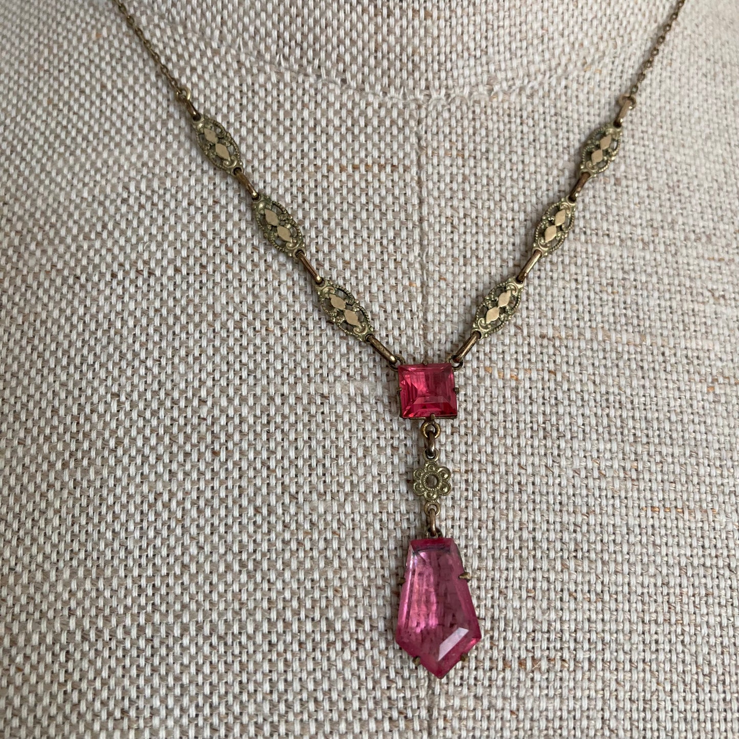 1920s Delicate Pink Pendant Necklace, Antique Pink Glass Y Necklace