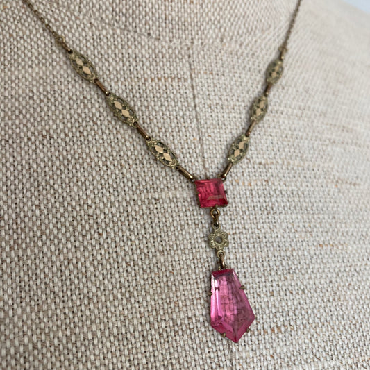 1920s Delicate Pink Pendant Necklace, Antique Pink Glass Y Necklace