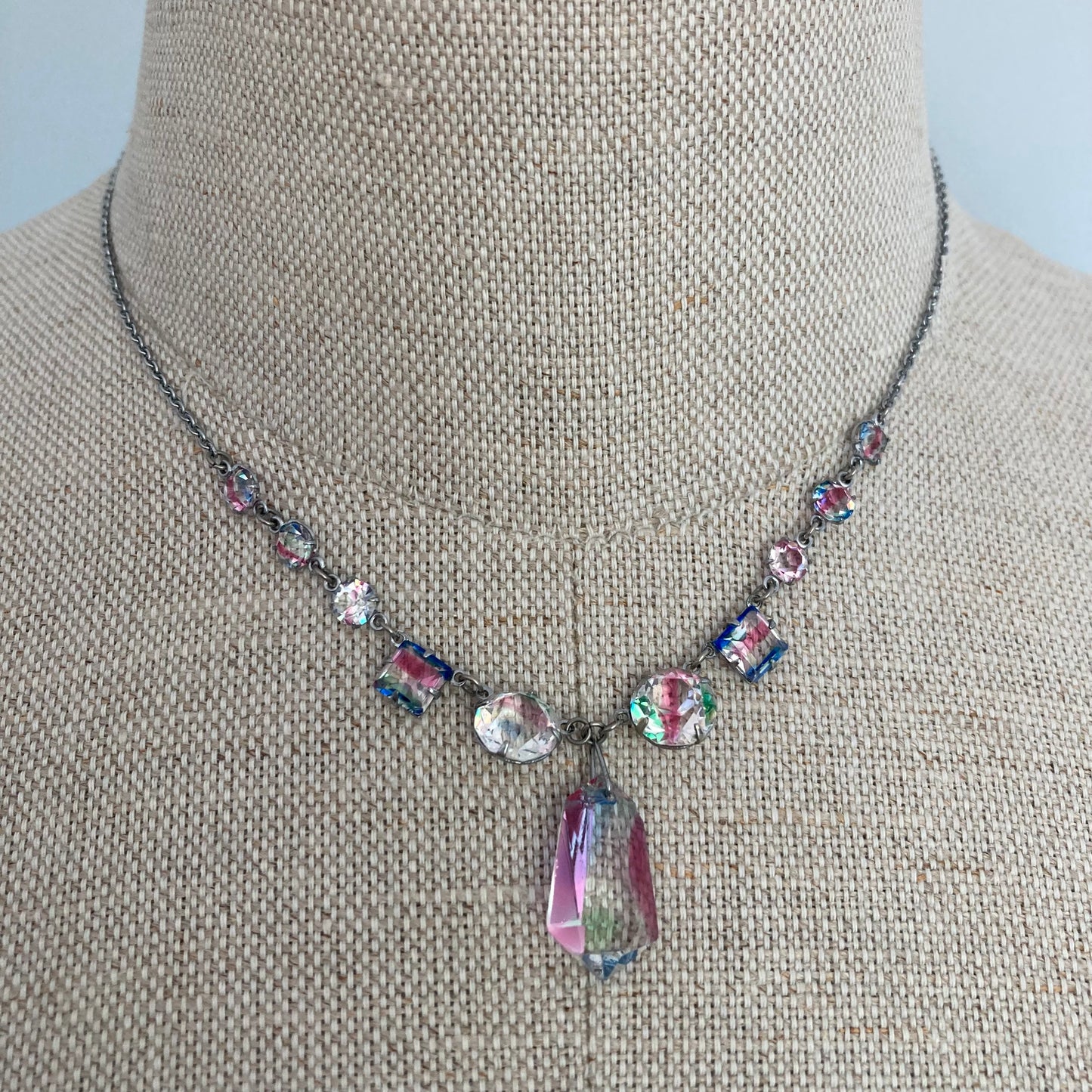 1930s Delicate Variegated Glass Necklace, Antique Y Necklace