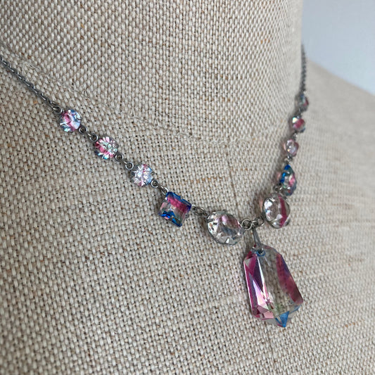 1930s Delicate Variegated Glass Necklace, Antique Y Necklace