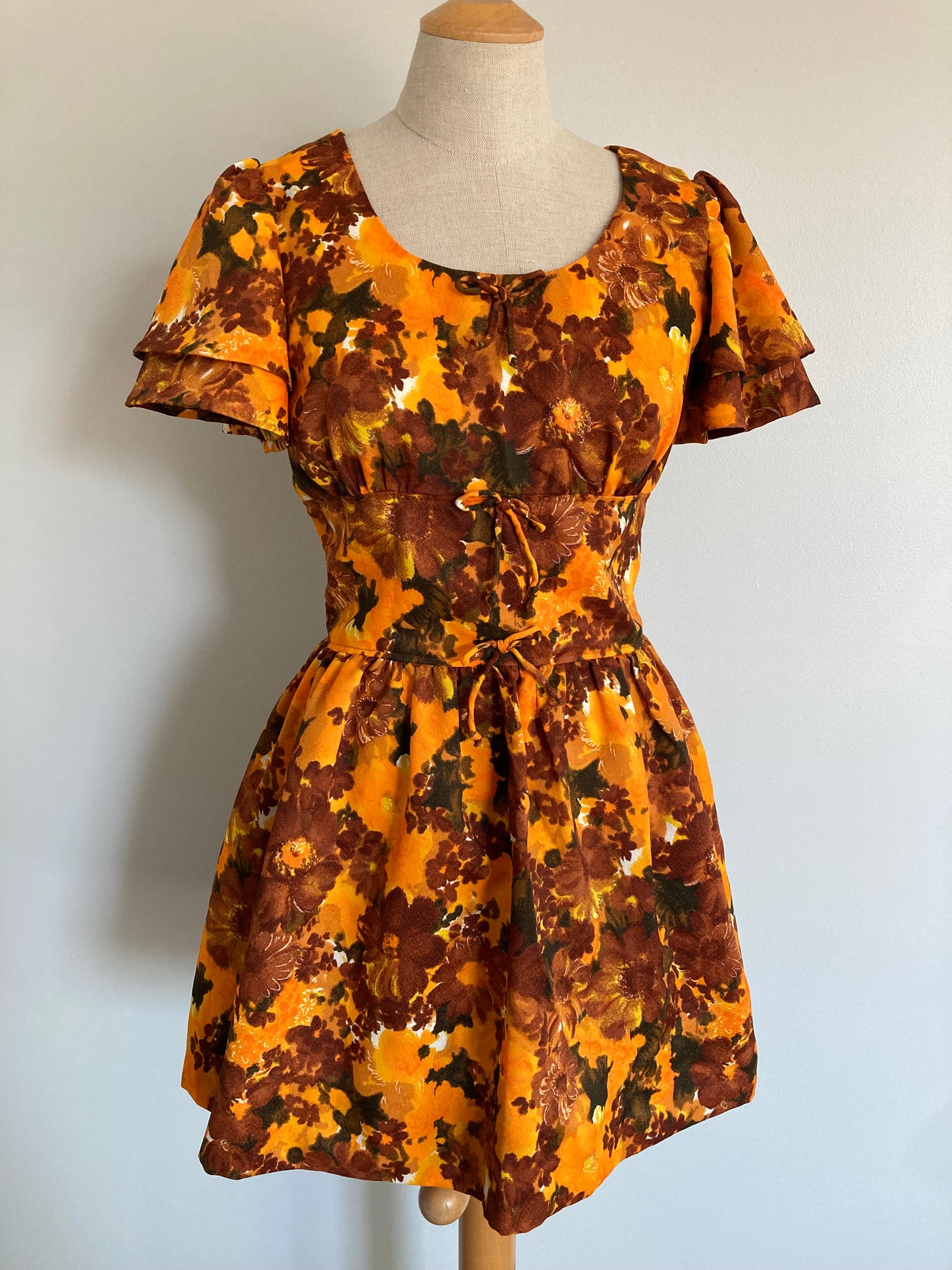 70s Floral Mini Dress with Flutter Sleeves, Orange and Brown 70s Mini Dress, Size S