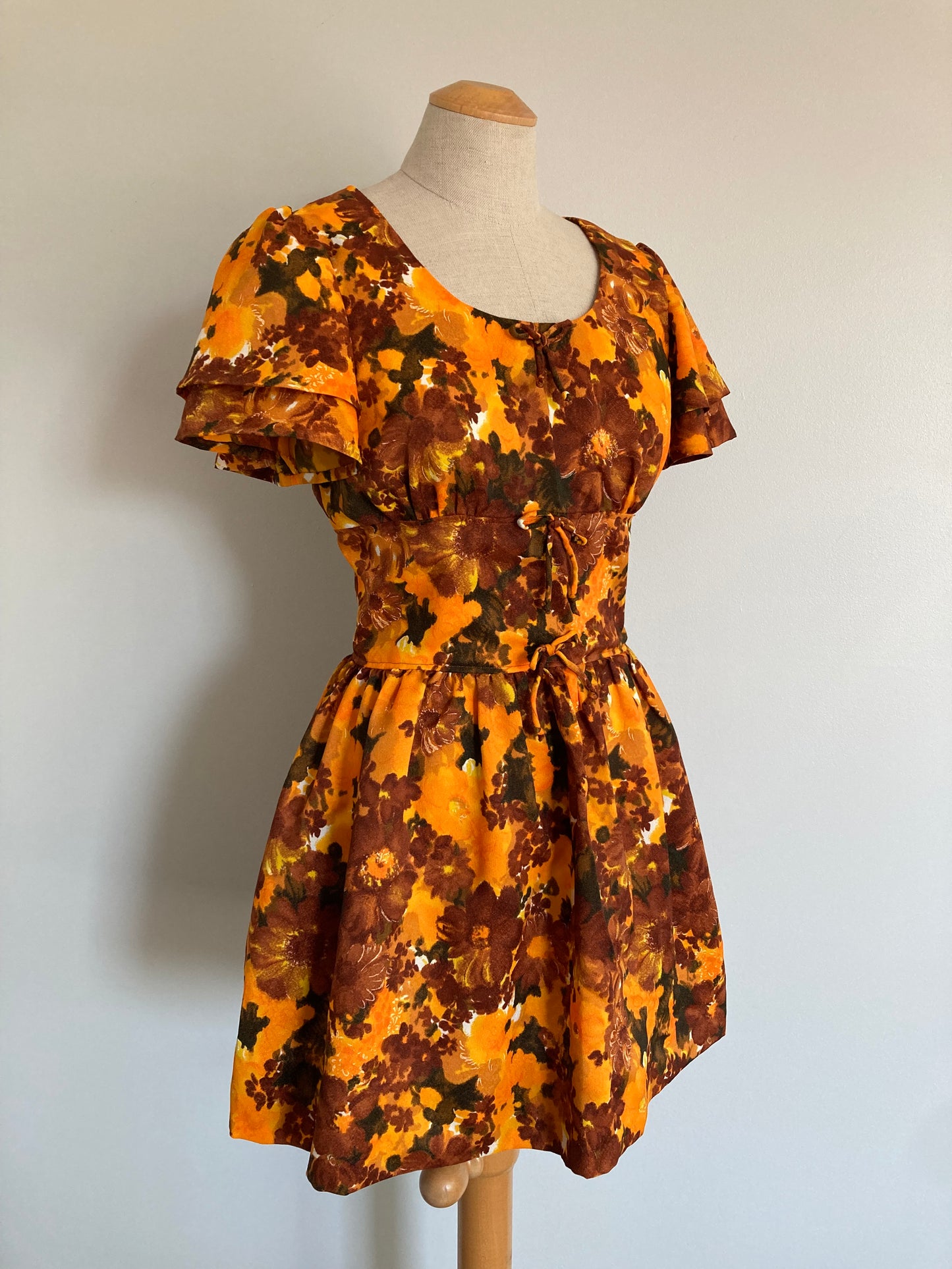 70s Floral Mini Dress with Flutter Sleeves, Orange and Brown 70s Mini Dress, Size S