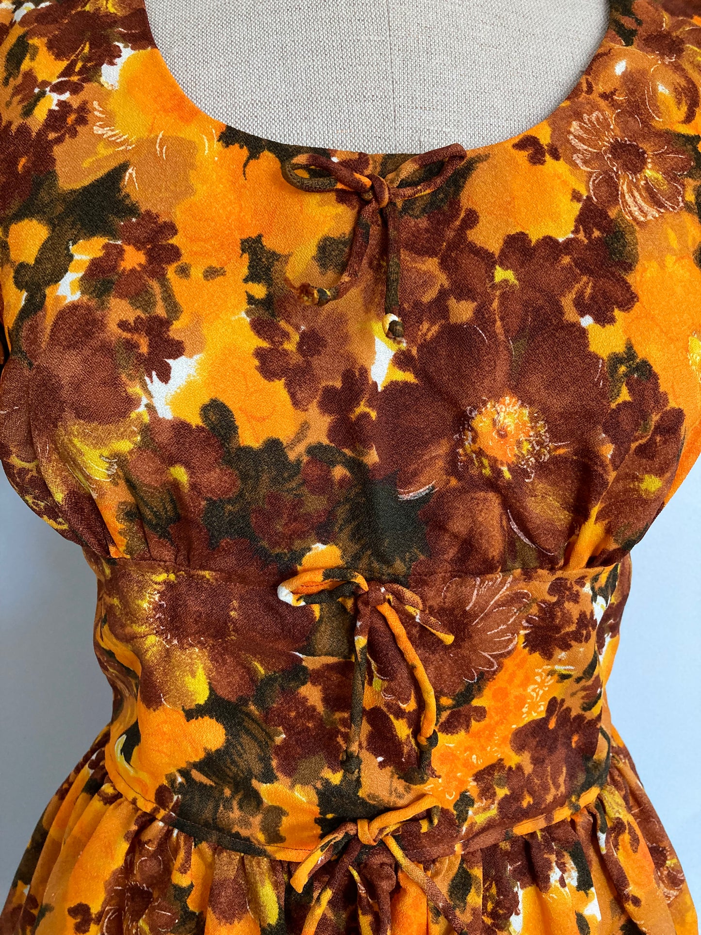 70s Floral Mini Dress with Flutter Sleeves, Orange and Brown 70s Mini Dress, Size S