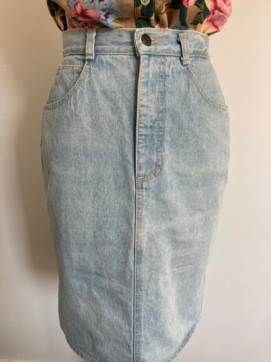 1980s Light Blue Cotton Denim Skirt, 80s High Waist Denim Skirt, Size S