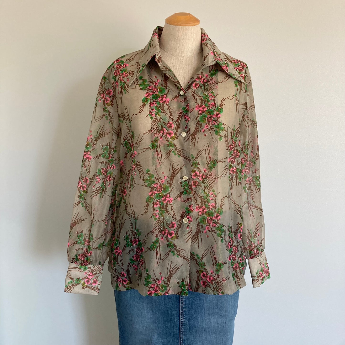 1970s Sheer Dagger Collar Blouse, Size L, Made in California by "George"