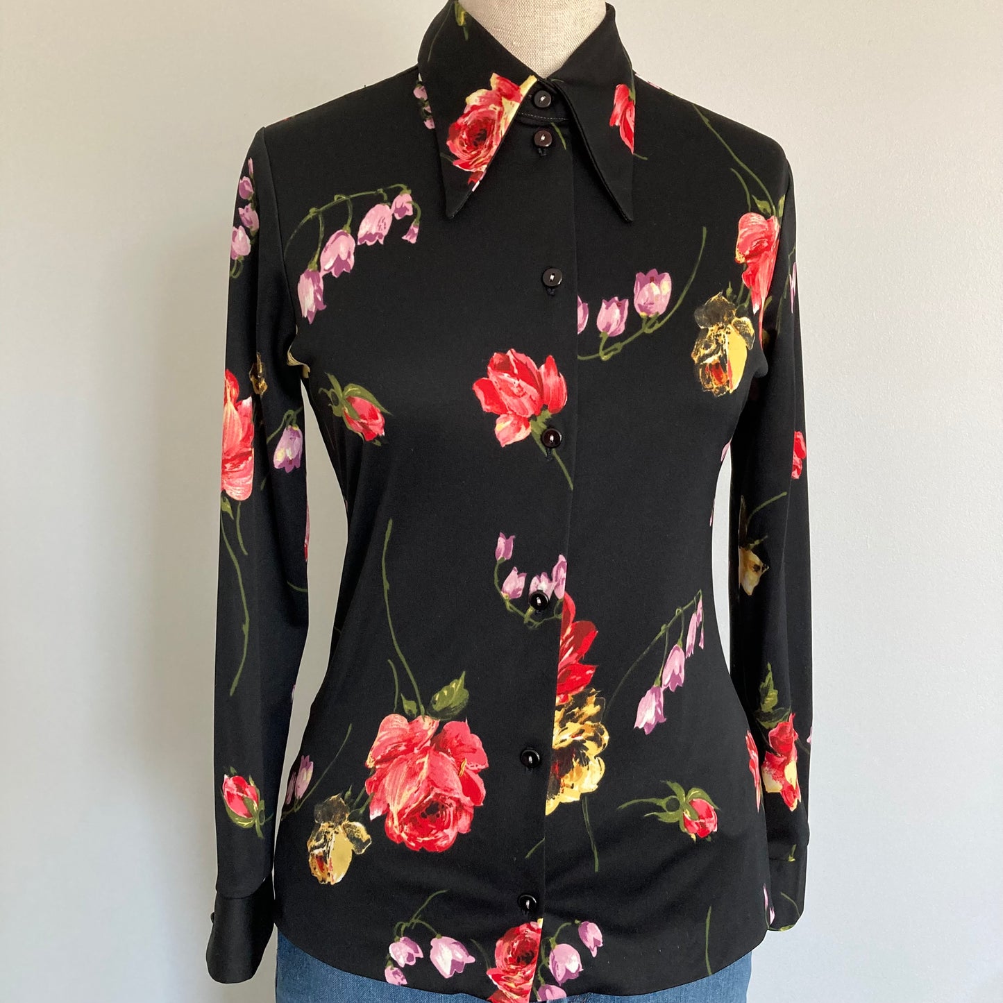 1970s Dagger Collar Black Floral Shirt, Size S