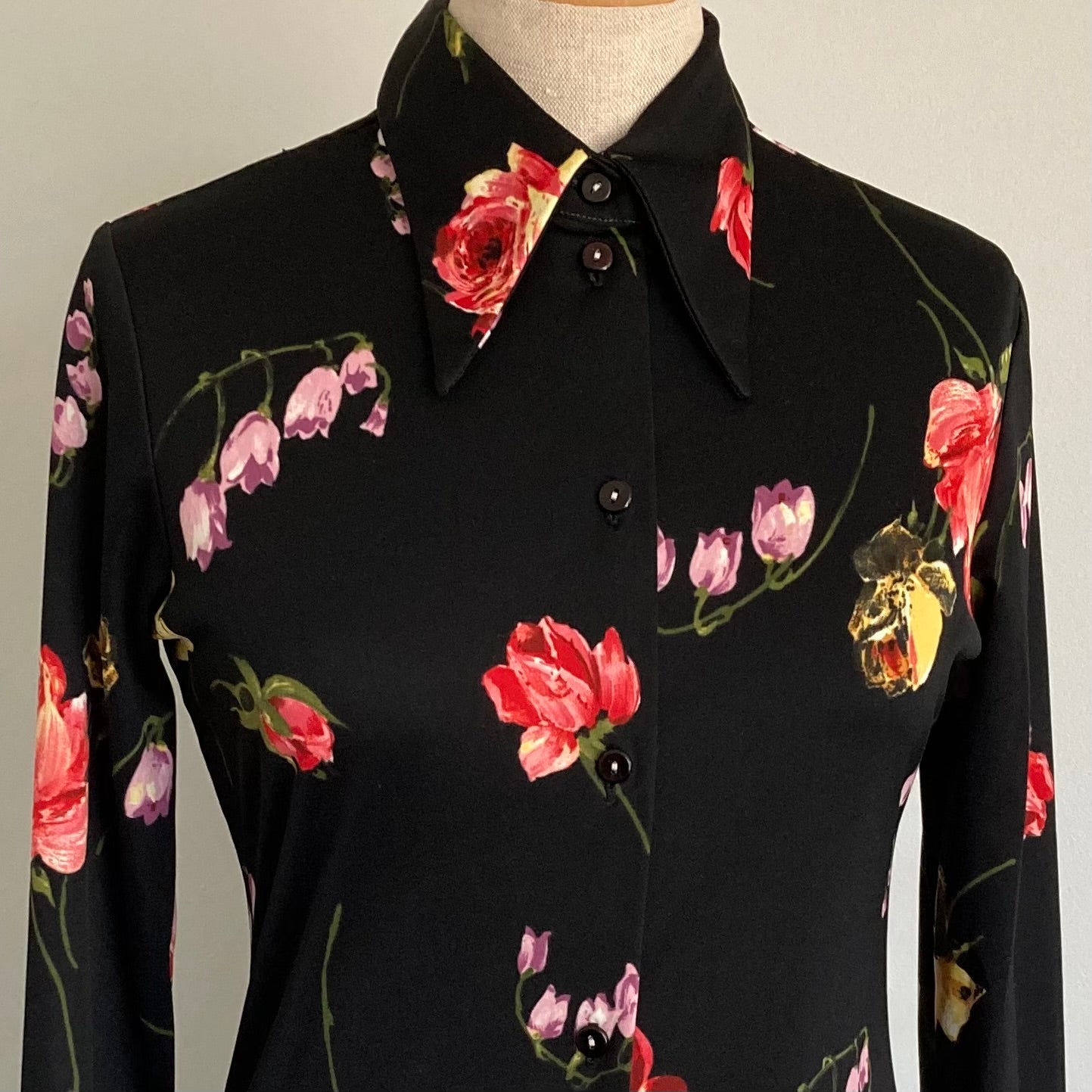 1970s Dagger Collar Black Floral Shirt, Size S