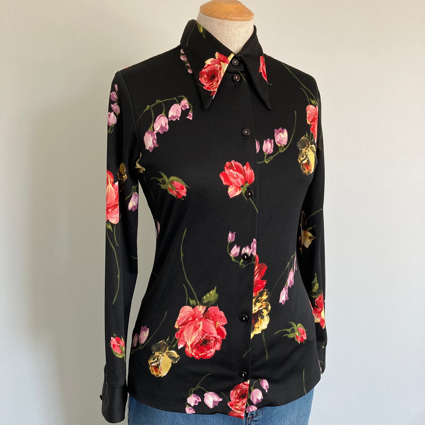 1970s Dagger Collar Black Floral Shirt, Size S