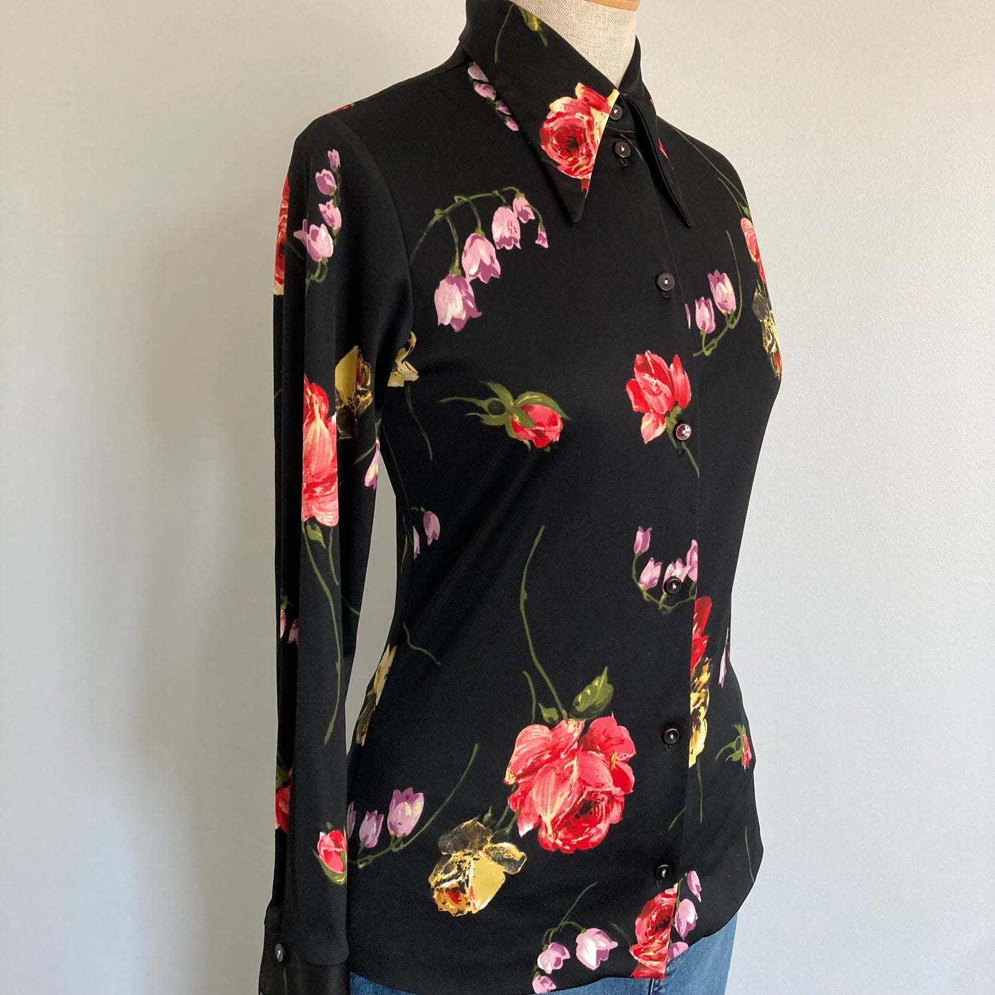 1970s Dagger Collar Black Floral Shirt, Size S