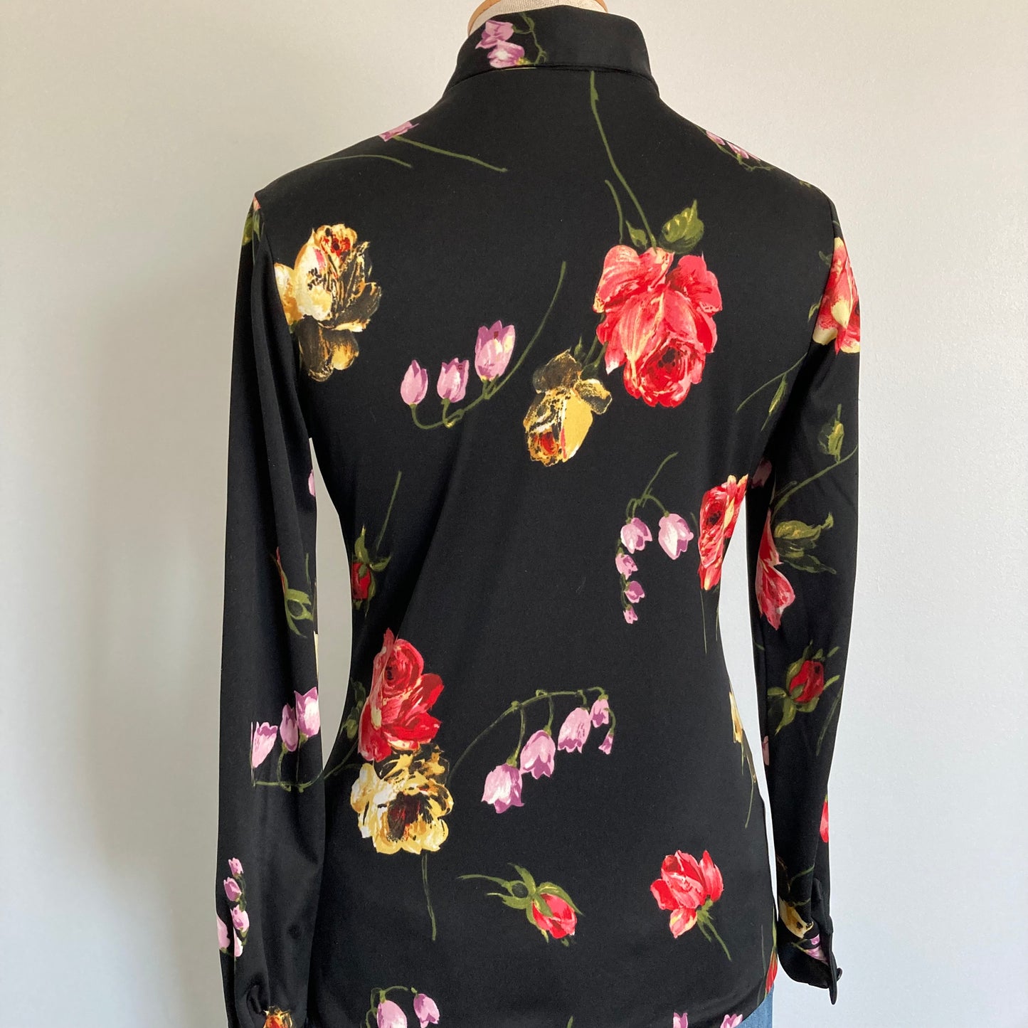 1970s Dagger Collar Black Floral Shirt, Size S