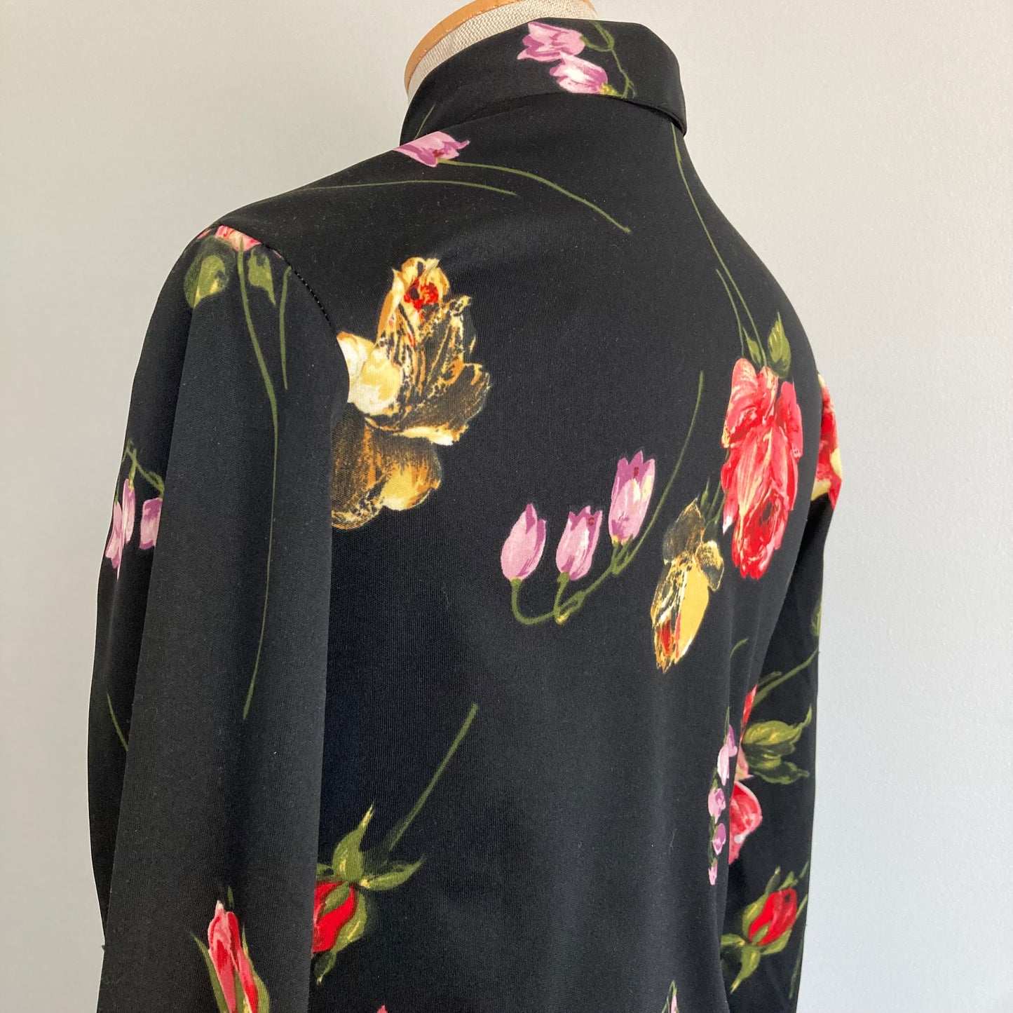 1970s Dagger Collar Black Floral Shirt, Size S