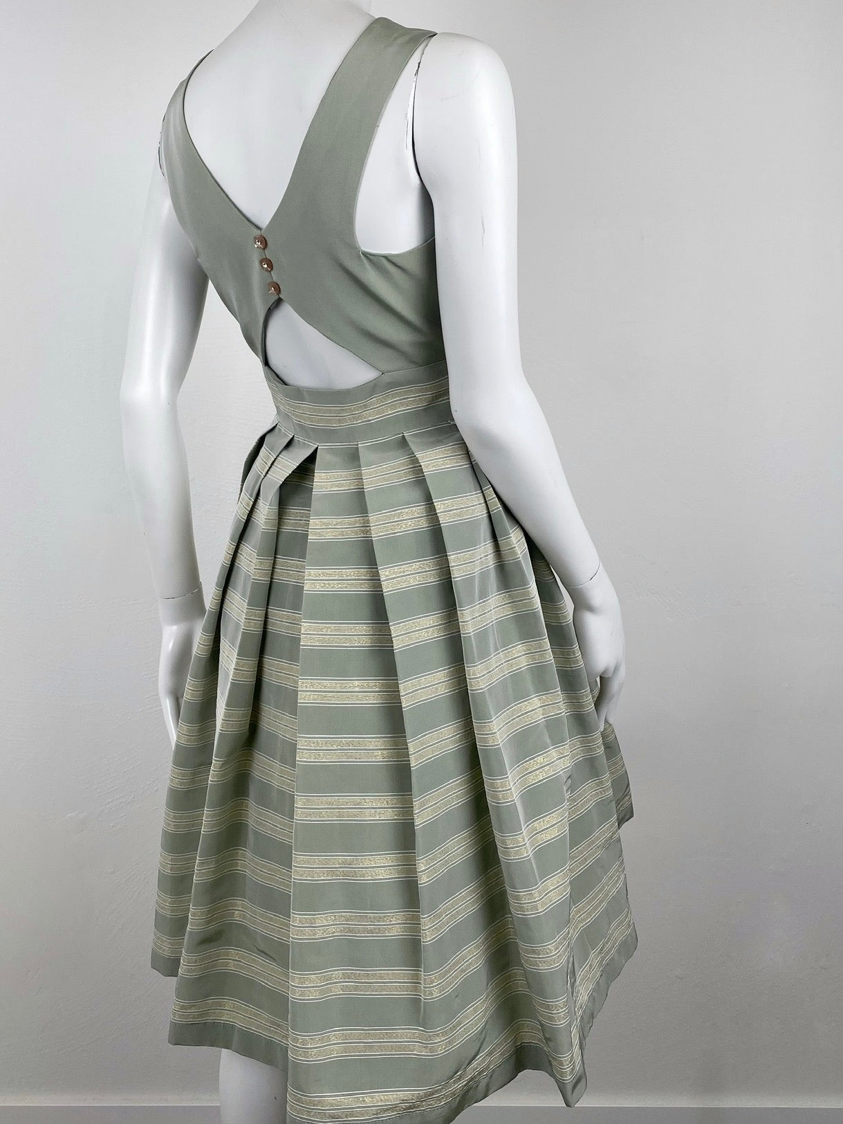 1980/90s Open Back Sage Green and Gold Party Dress, Size Small