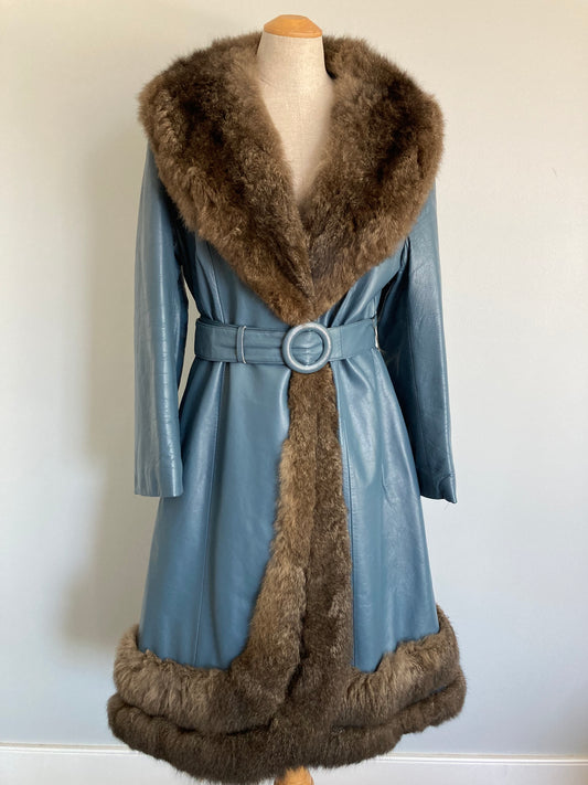 70s Penny Lane Leather Coat with Fur Trim, Size L