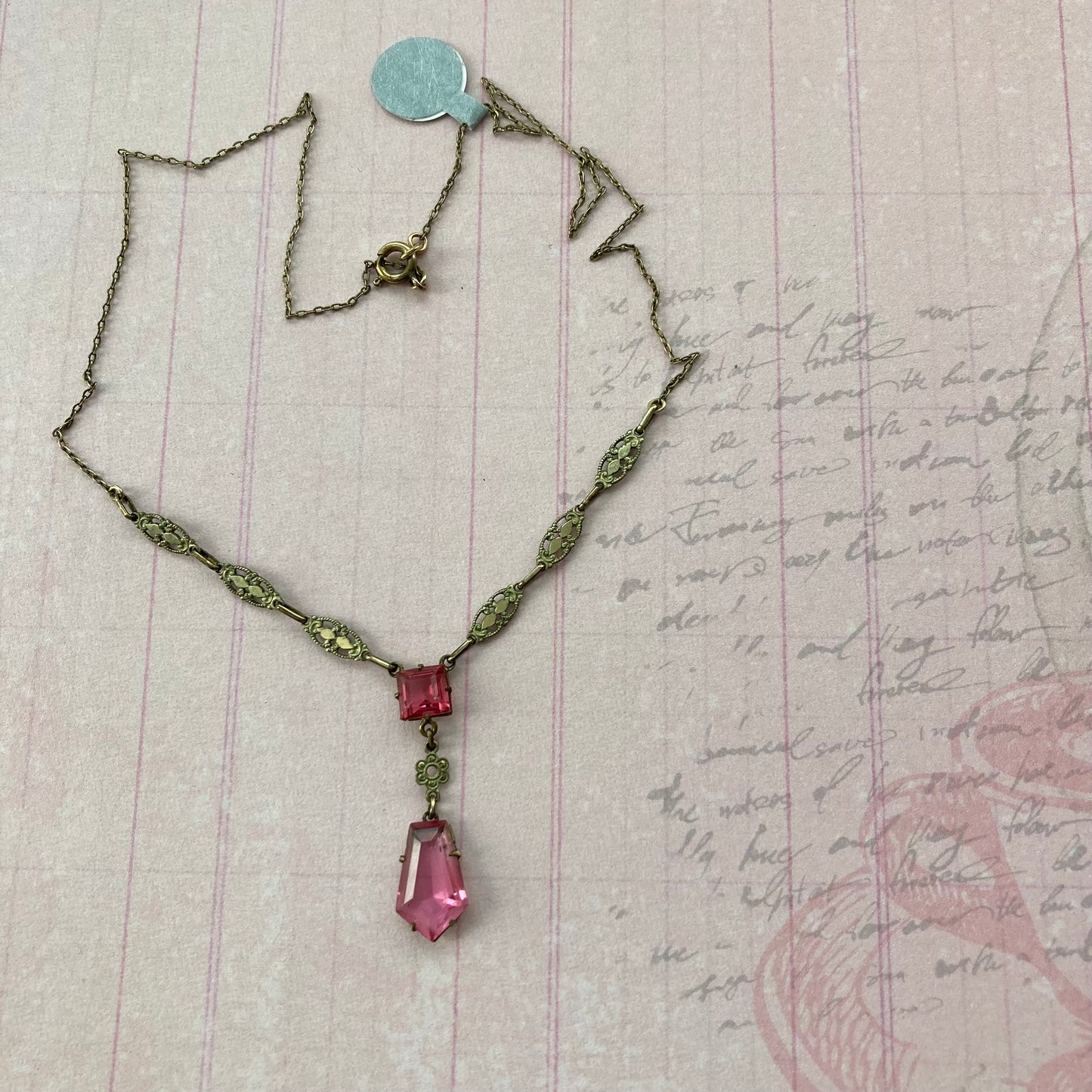 1920s Delicate Pink Pendant Necklace, Antique Pink Glass Y Necklace