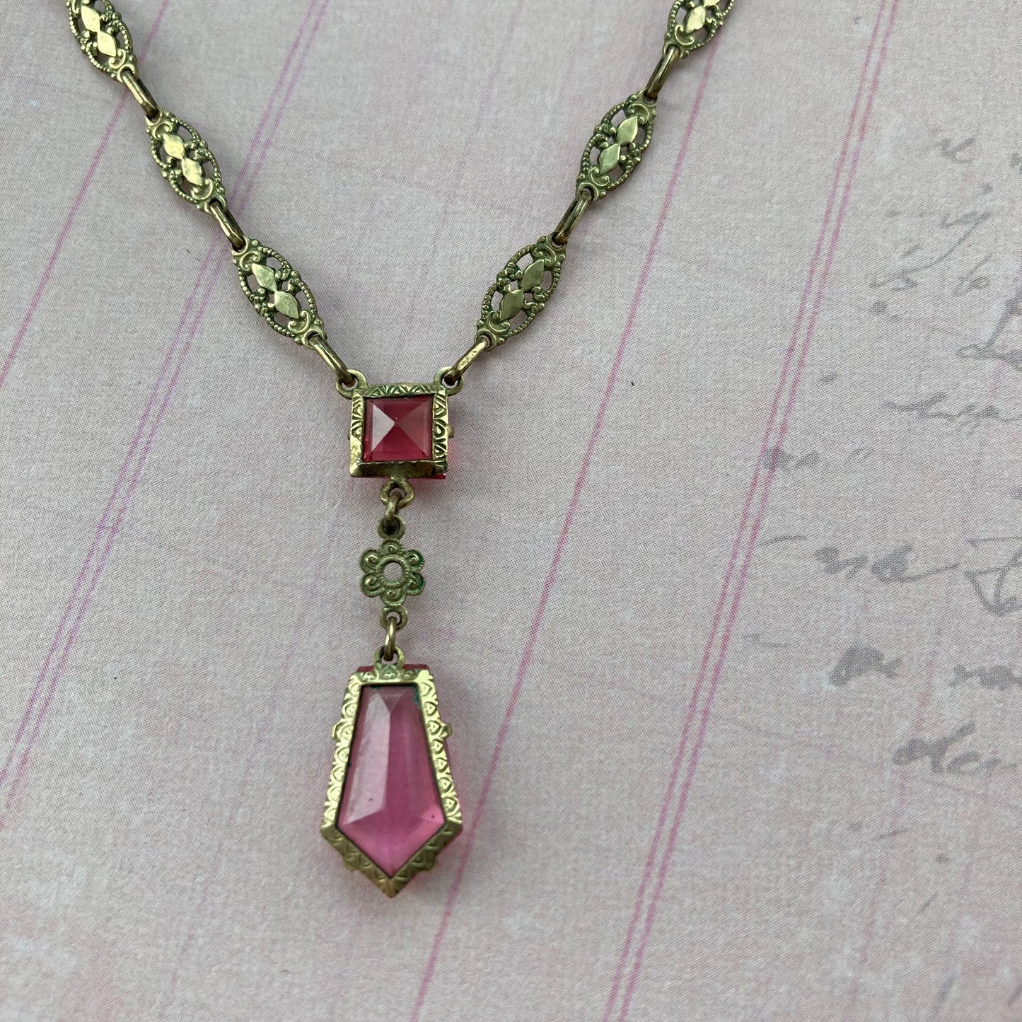 1920s Delicate Pink Pendant Necklace, Antique Pink Glass Y Necklace