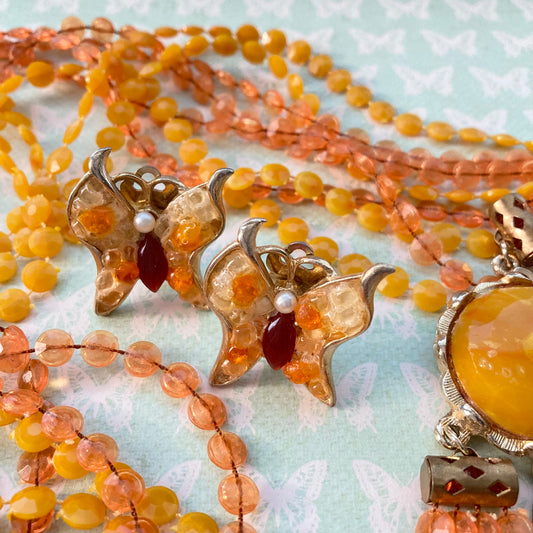 60/70s Mode Art Butterfly Earrings and Coordinating Orange Tone Multi-strand Necklace