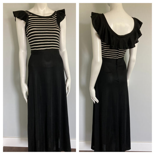 70s Black and White Knit Maxi Dress byJoseph Ribkoff, Size XS