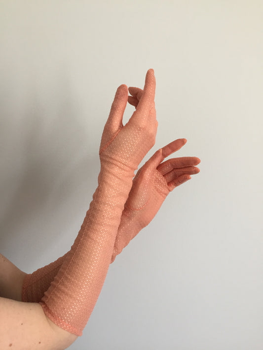 Peach Embroidered Chiffon Gloves, Size 7