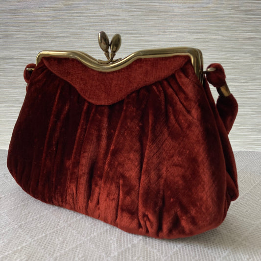 1940s Velvet Evening Purse, 40s Rusty Brown Velvet Evening Bag