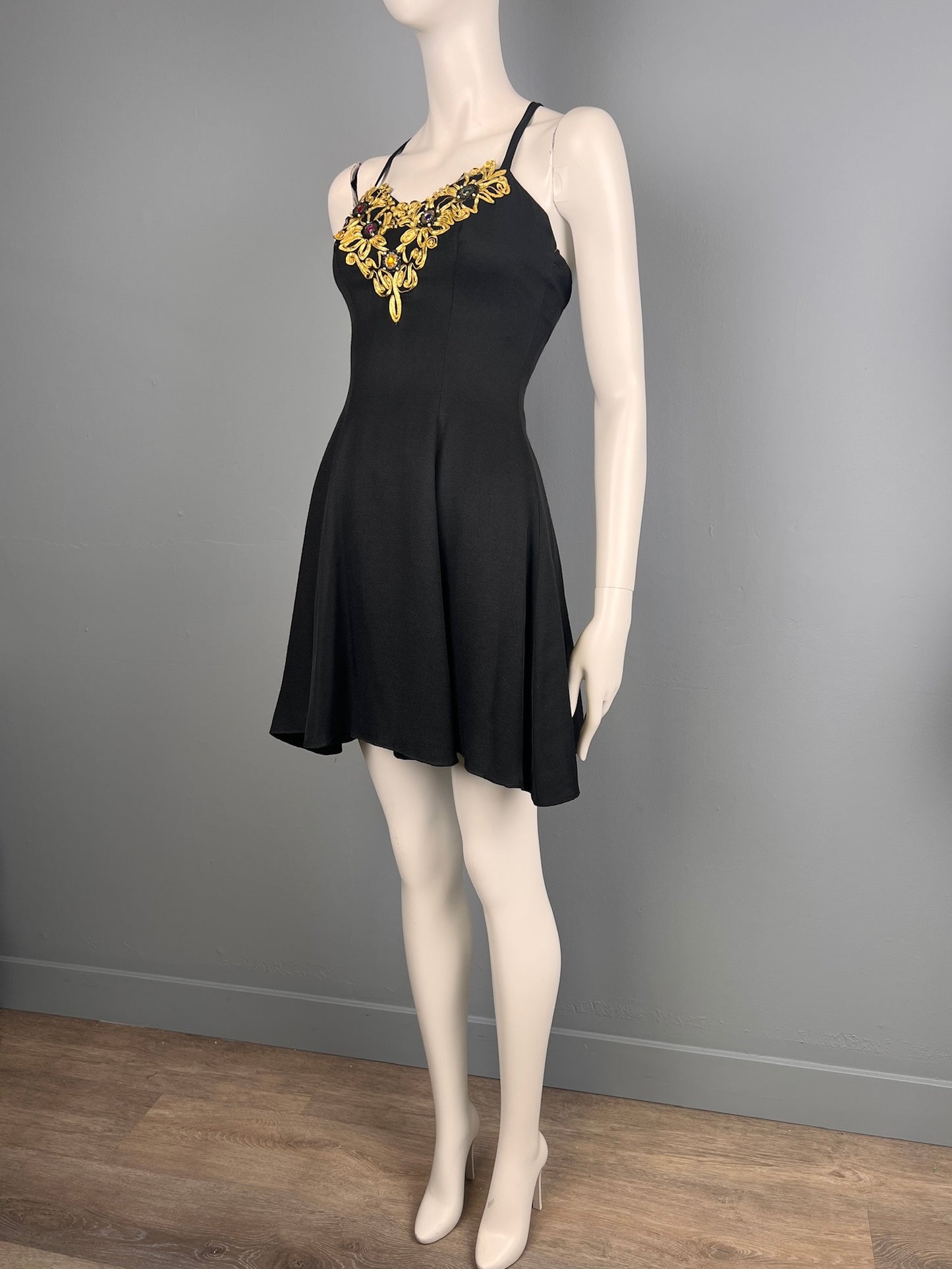 80s Sexy Black Jewelled Mini Dress, Size XS