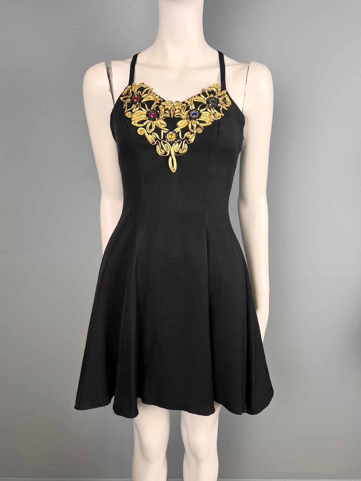 80s Sexy Black Jewelled Mini Dress, Size XS
