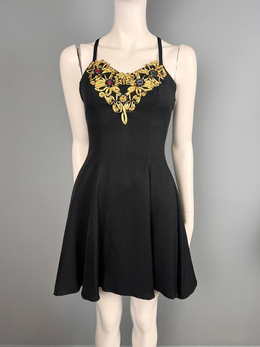 80s Sexy Black Jewelled Mini Dress, Size XS